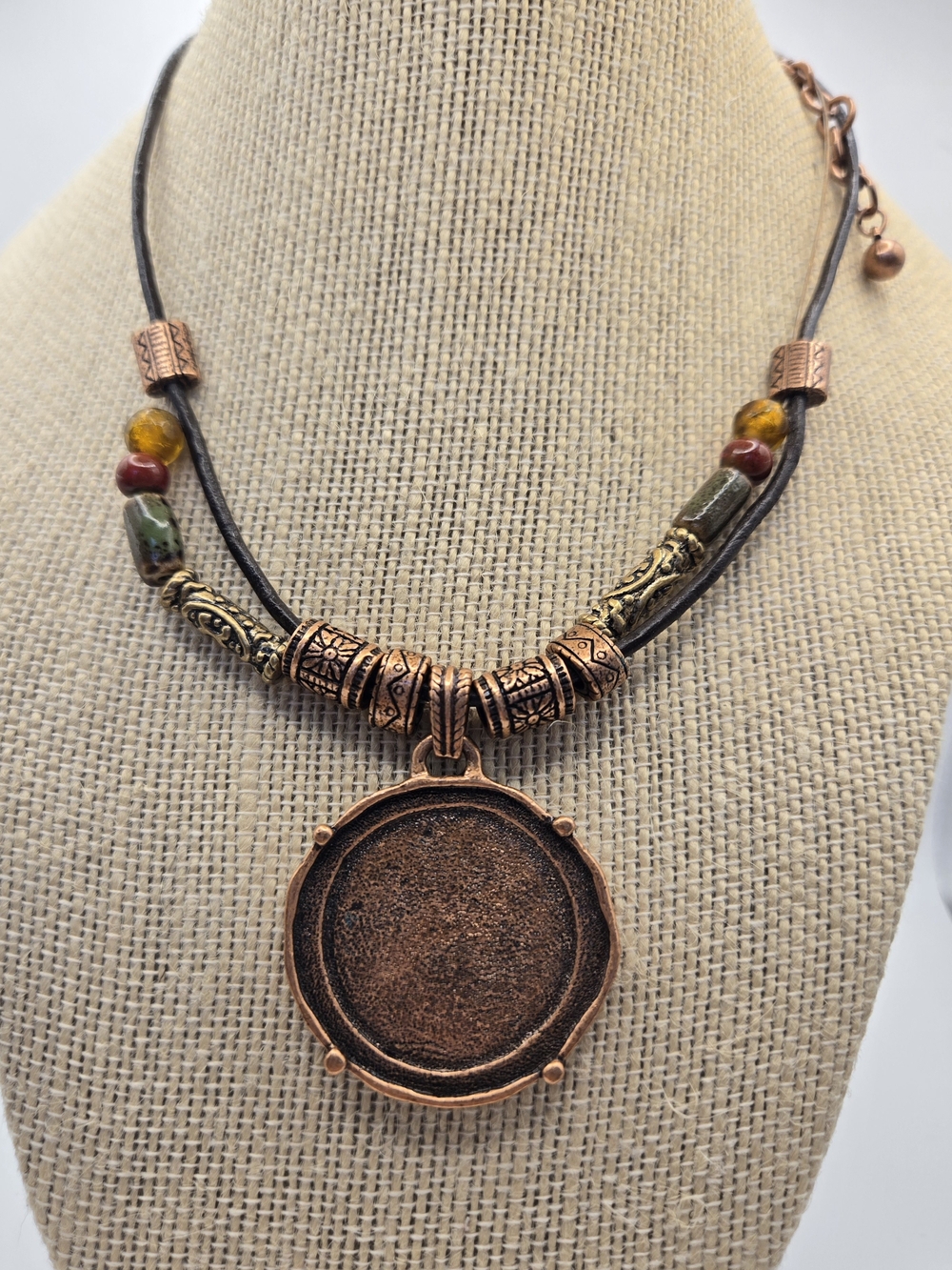 Chico's Copper-Tone Abilene Pendant Necklace Brown Cord Multicolor Ceramic Beads